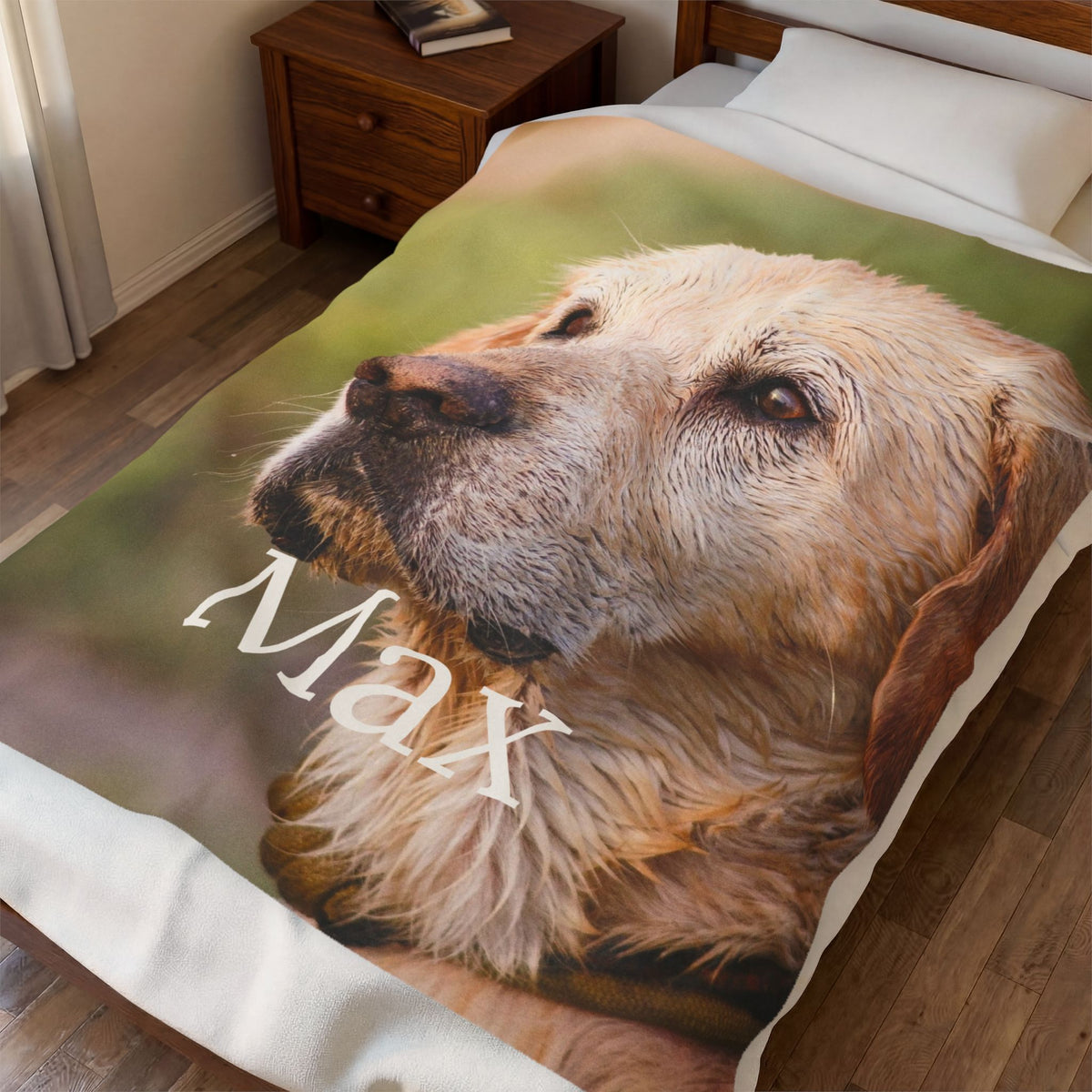 The Portrait Blanket draped over a bed in a cosy bedroom