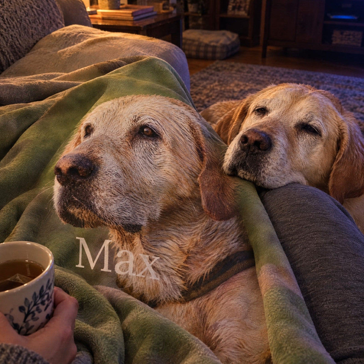 Evening on the sofa under the personalized dog photo blanket, the dog resting on a knee
