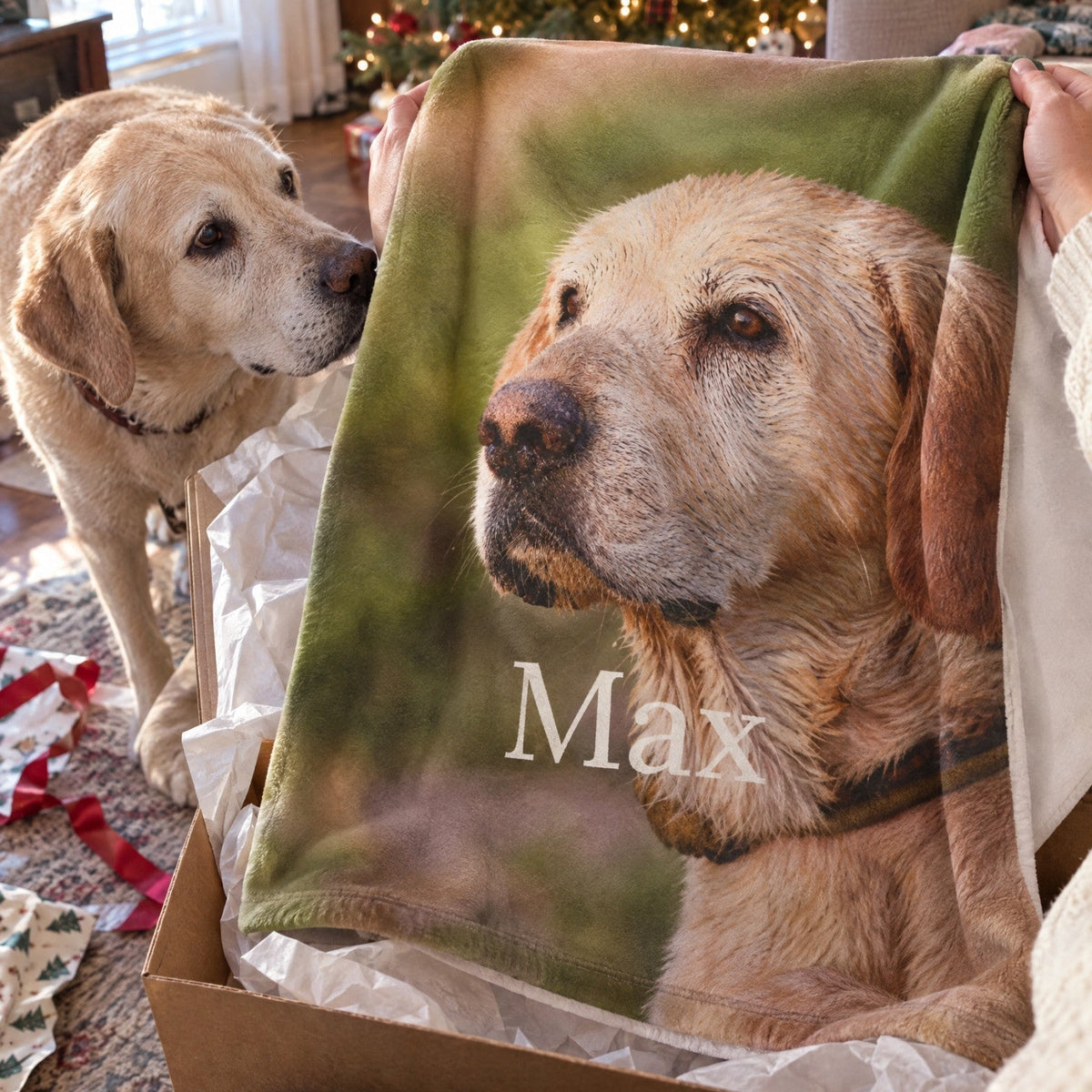 Unwrapping The Portrait Blanket on Christmas morning while the dog on the print sniffs the box