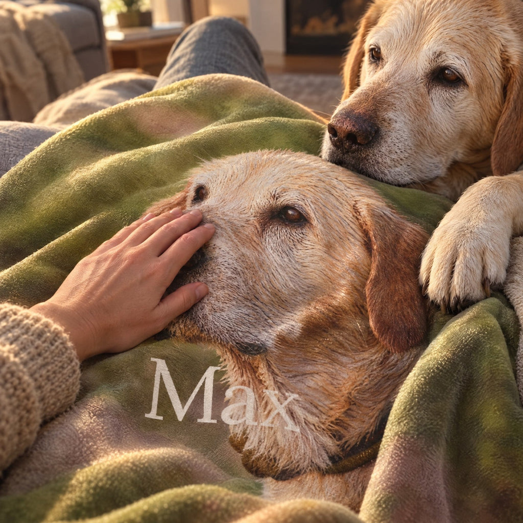 Hand resting on the soft velveteen print of the dog's portrait and name