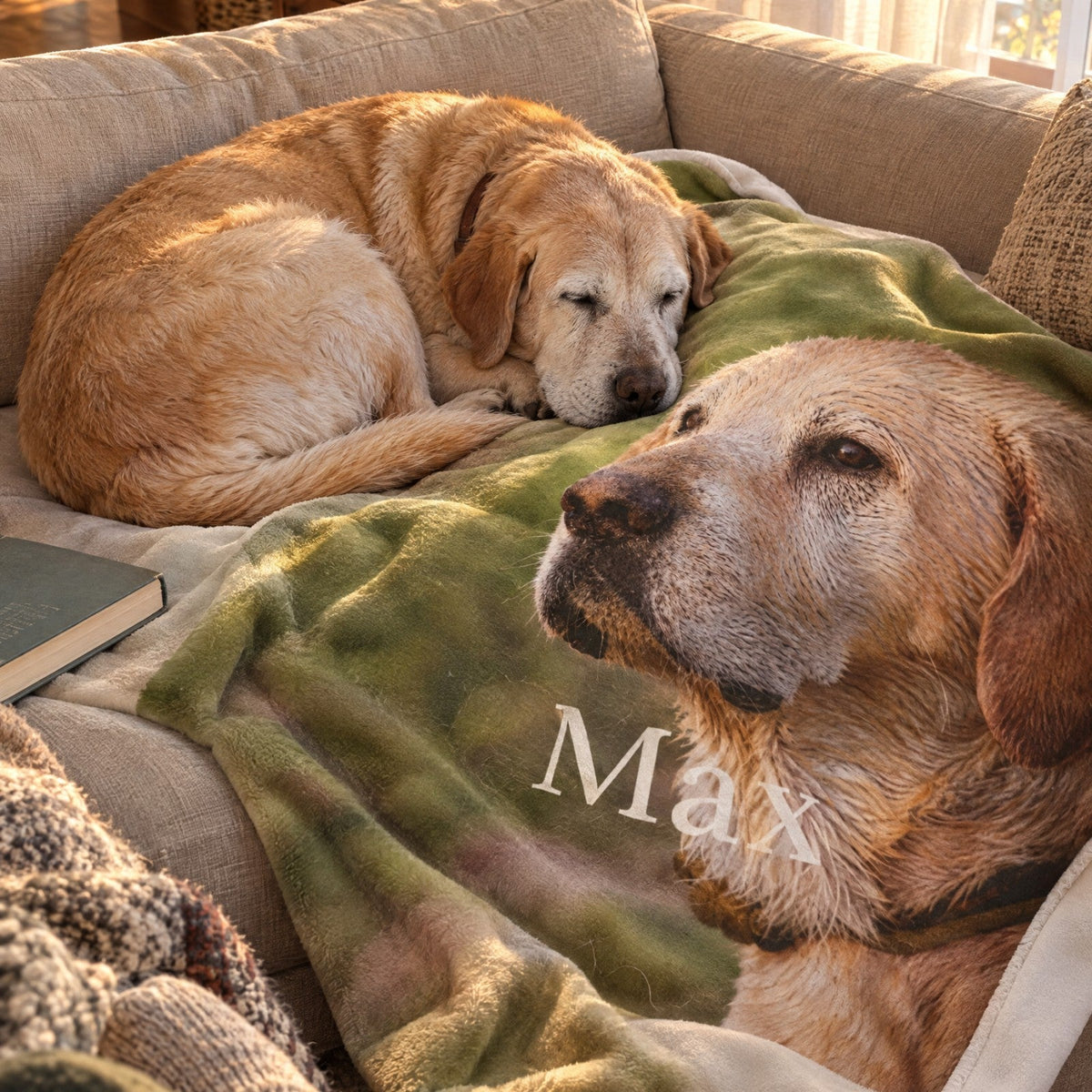 Senior labrador asleep on the sofa next to its own portrait on The Portrait Blanket