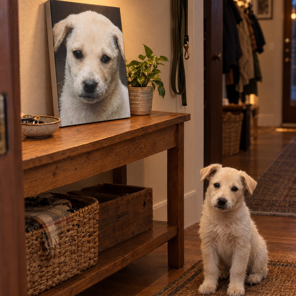 Pet portrait canvas on an entryway console with the puppy waiting at the door