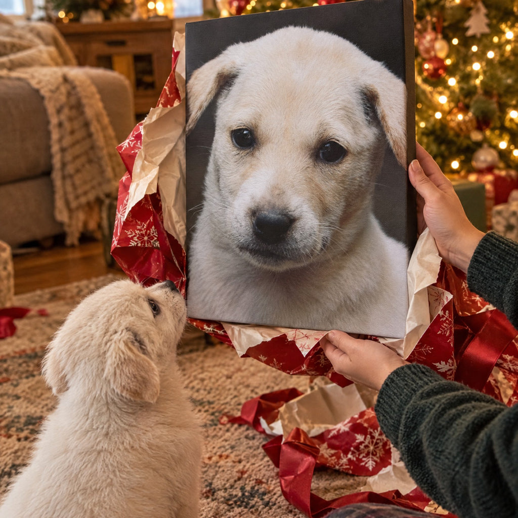 Unwrapping a custom pet portrait canvas as a Christmas gift