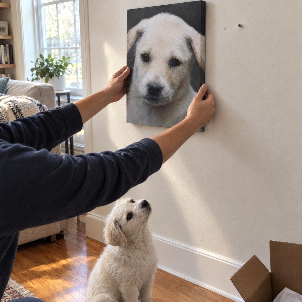 Hanging The Portrait Canvas on the living room wall while the puppy looks up at its own portrait