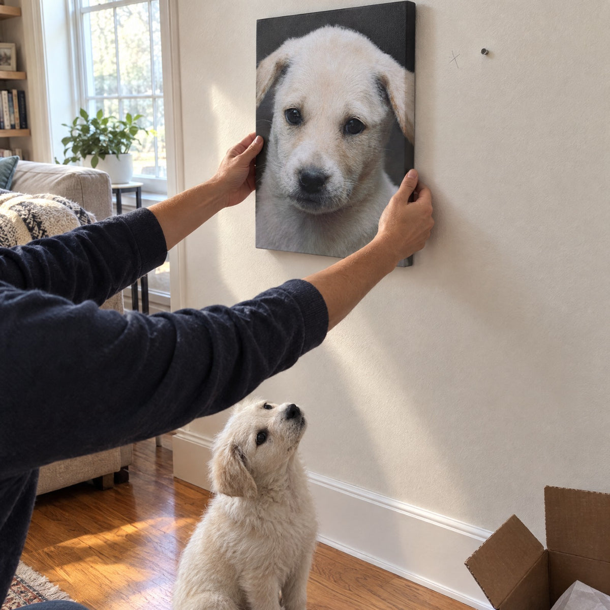 Hanging The Portrait Canvas on the living room wall while the puppy looks up at its own portrait