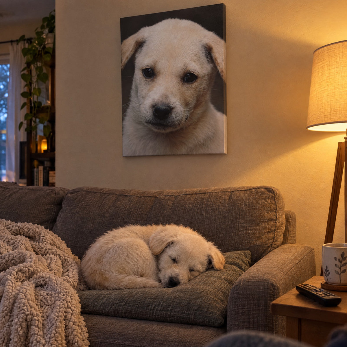 Puppy asleep on the sofa under its custom pet portrait canvas