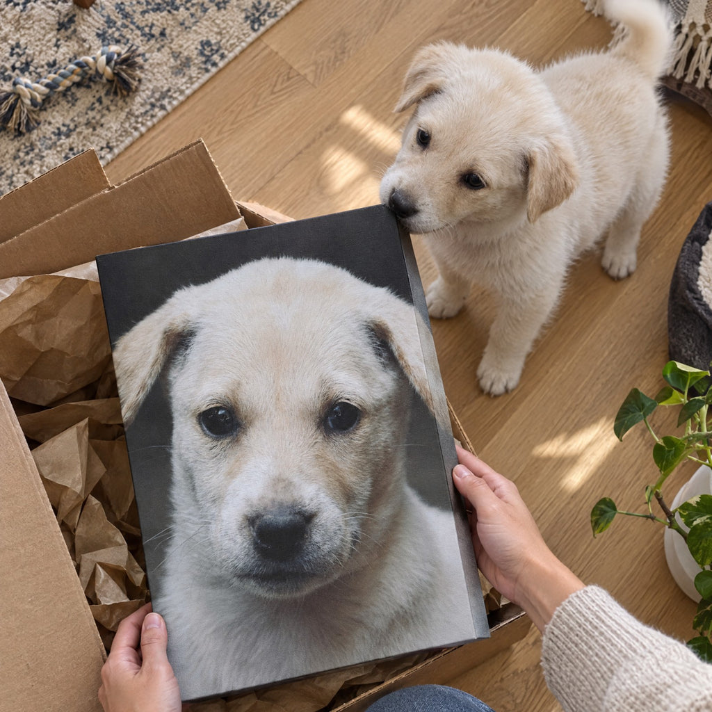 Unboxing the pet portrait canvas while the puppy sniffs it