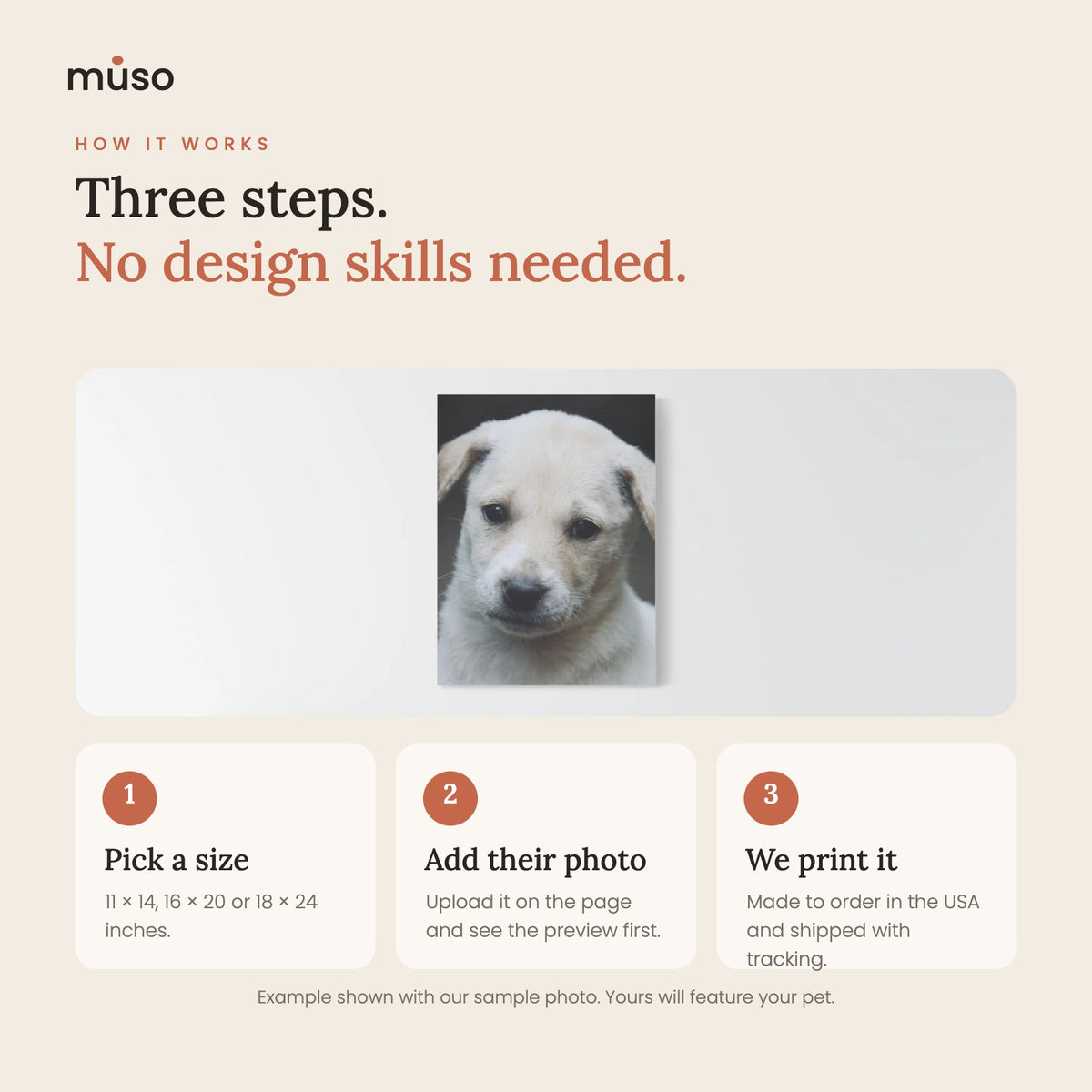 How it works: pick a size, add your pet's photo, we print it