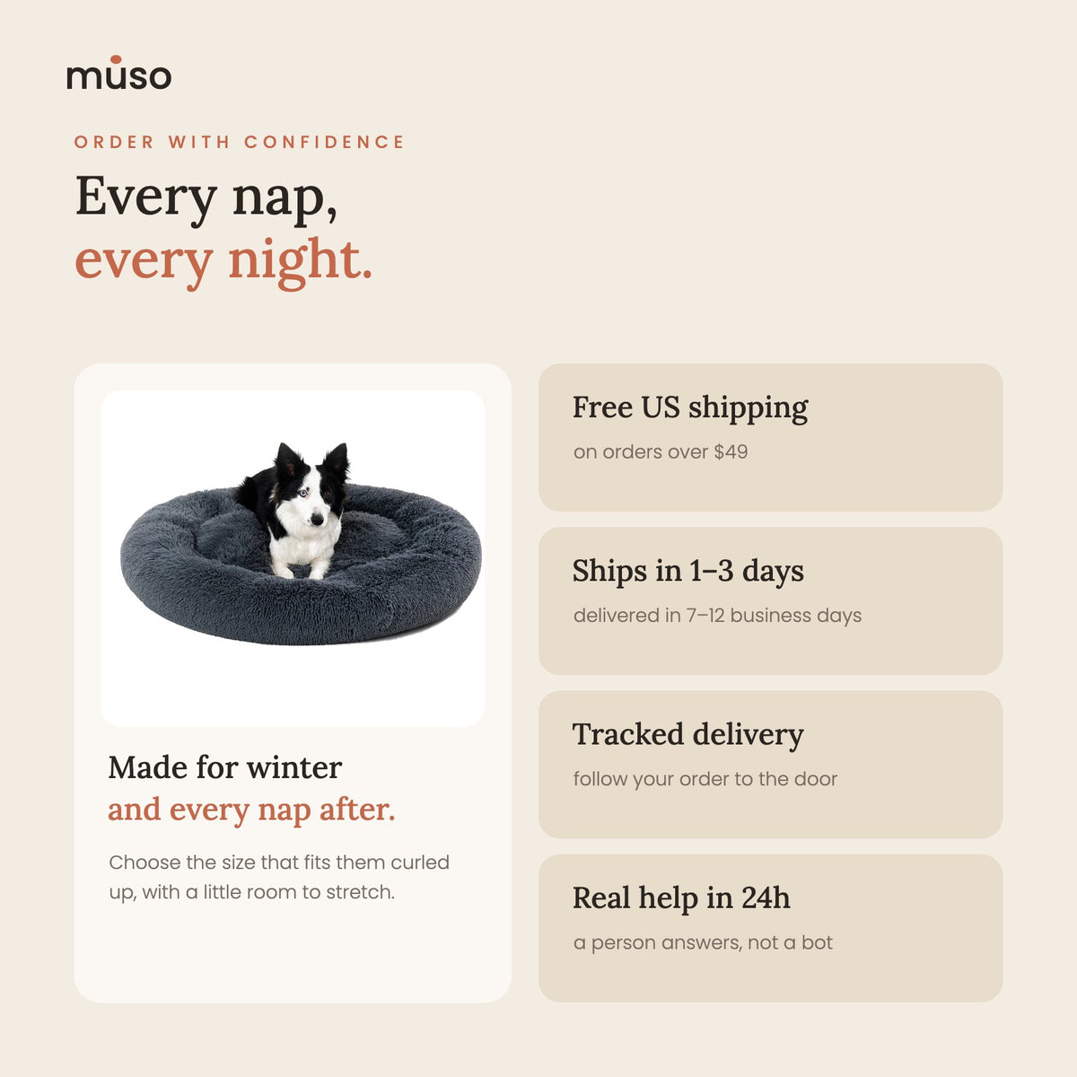 Free US shipping over $49, tracked delivery, real help in 24 hours