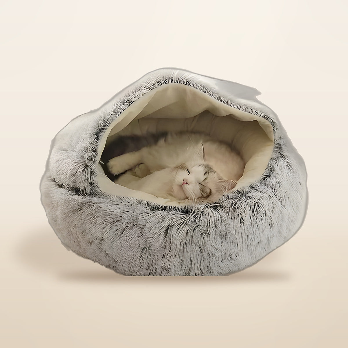 Cat asleep in The Cozy Cave hooded plush bed by MUSO