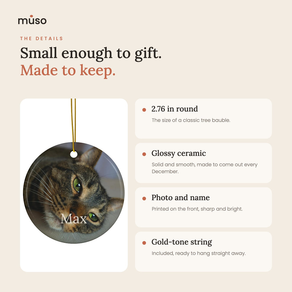 2.76 in round glossy ceramic ornament with gold-tone string