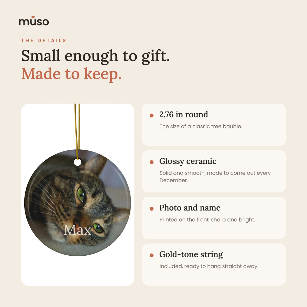 2.76 in round glossy ceramic ornament with gold-tone string