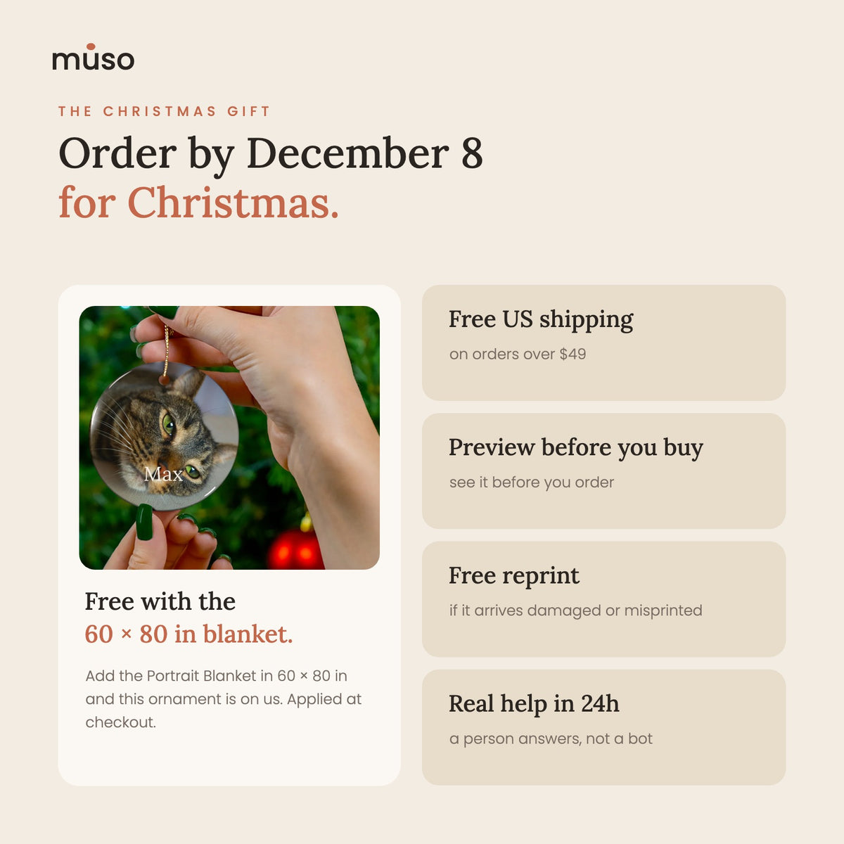 Free with the 60 x 80 in Portrait Blanket; order by December 8 for Christmas