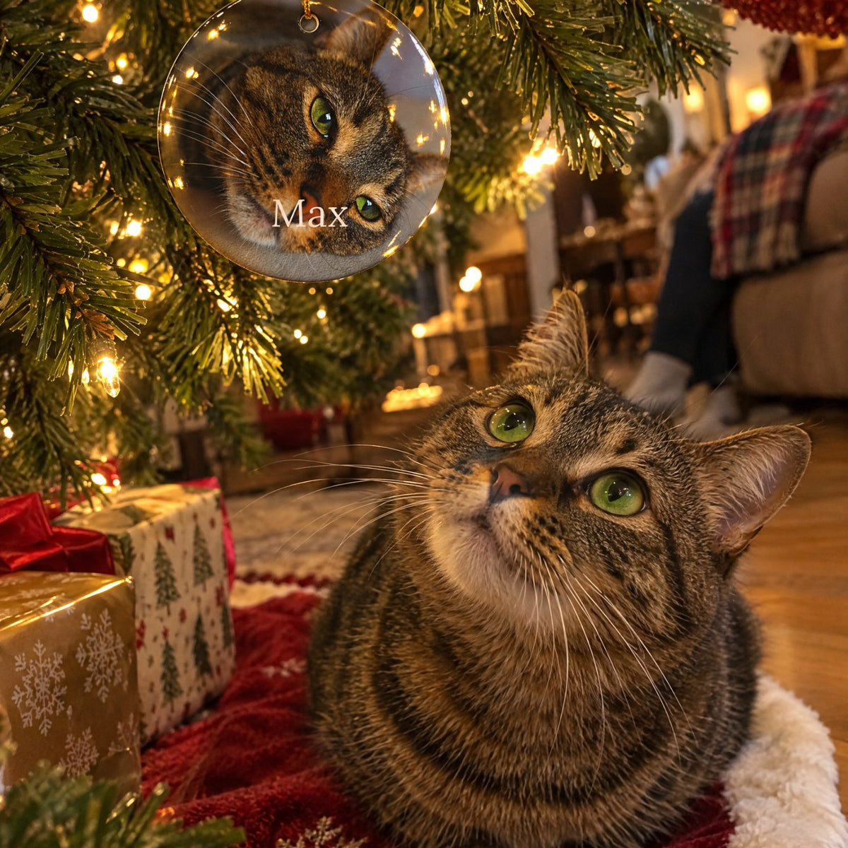 Tabby cat under the Christmas tree looking up at its own photo ornament