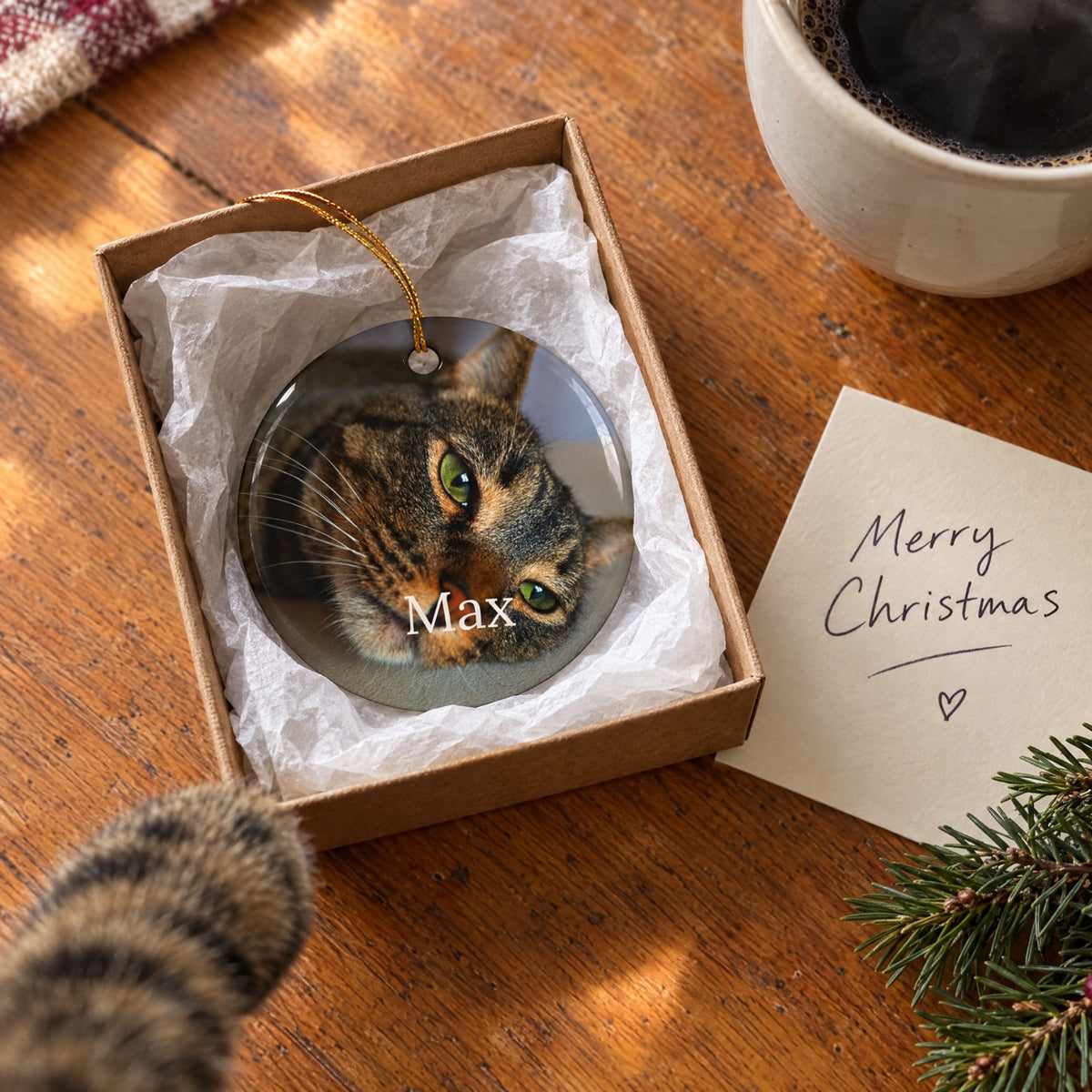 Personalized cat photo ornament in a gift box with a Merry Christmas card