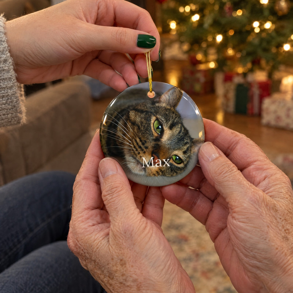Giving the personalized pet ornament as a Christmas gift
