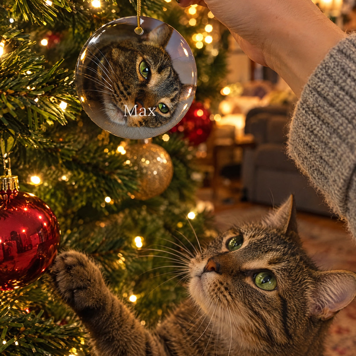 Hanging The Portrait Ornament on the tree while the tabby cat on the print reaches for a bauble