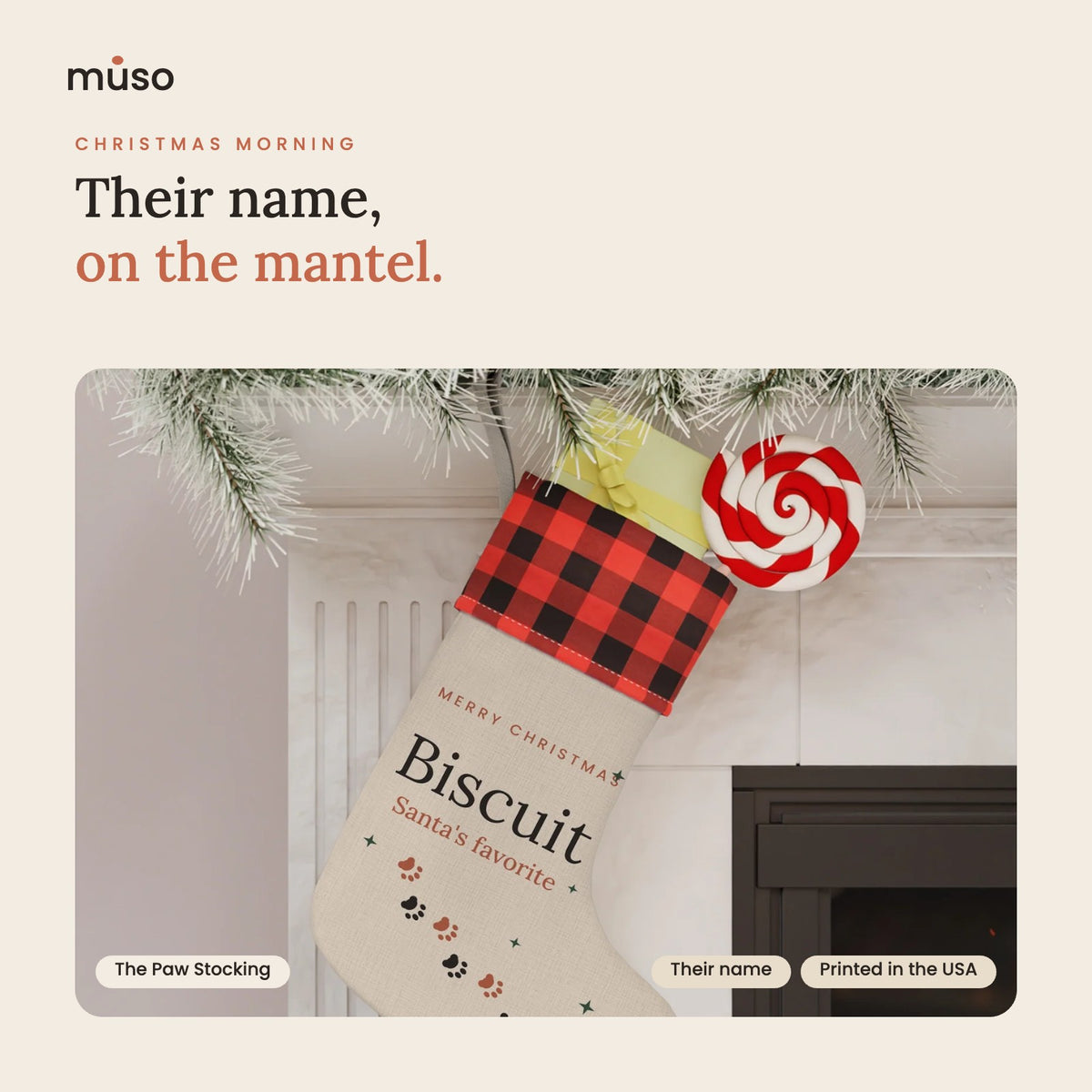 Personalized pet Christmas stocking with a name, hanging on a mantel