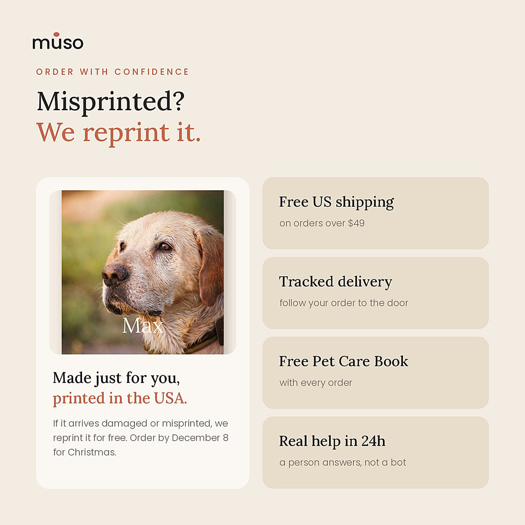 MUSO guarantee: free reprint if damaged or misprinted, free US shipping over $49