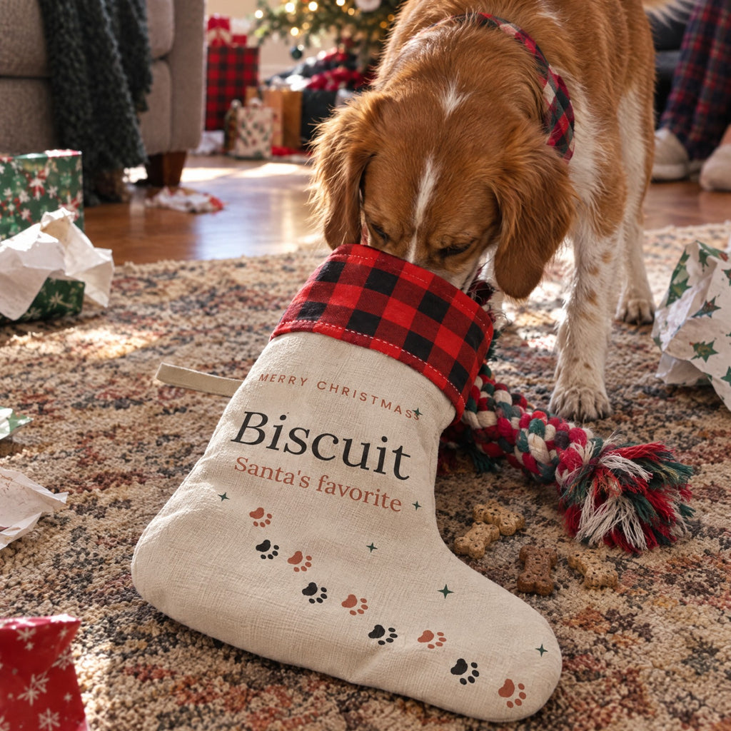 Dog pulling a rope toy out of its personalized Christmas stocking on Christmas morning