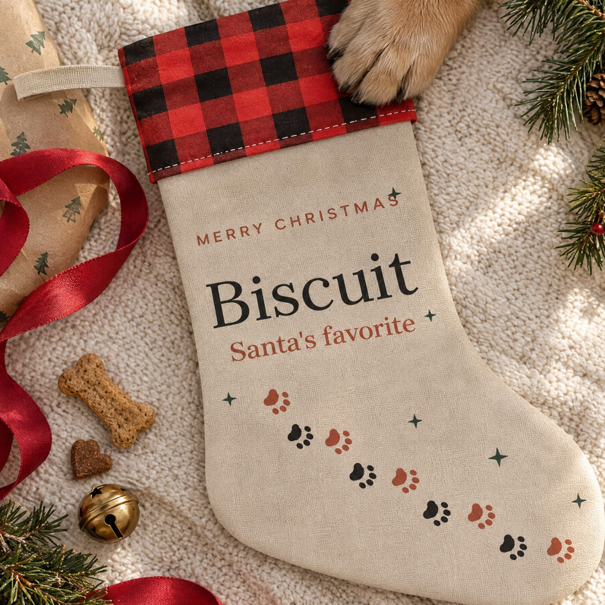 The Paw Stocking with buffalo plaid cuff, ribbons and dog treats, a paw on the cuff