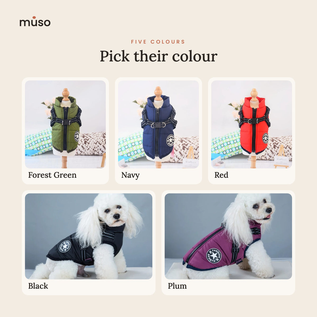 Five colours: Forest Green, Navy, Red, Black and Plum
