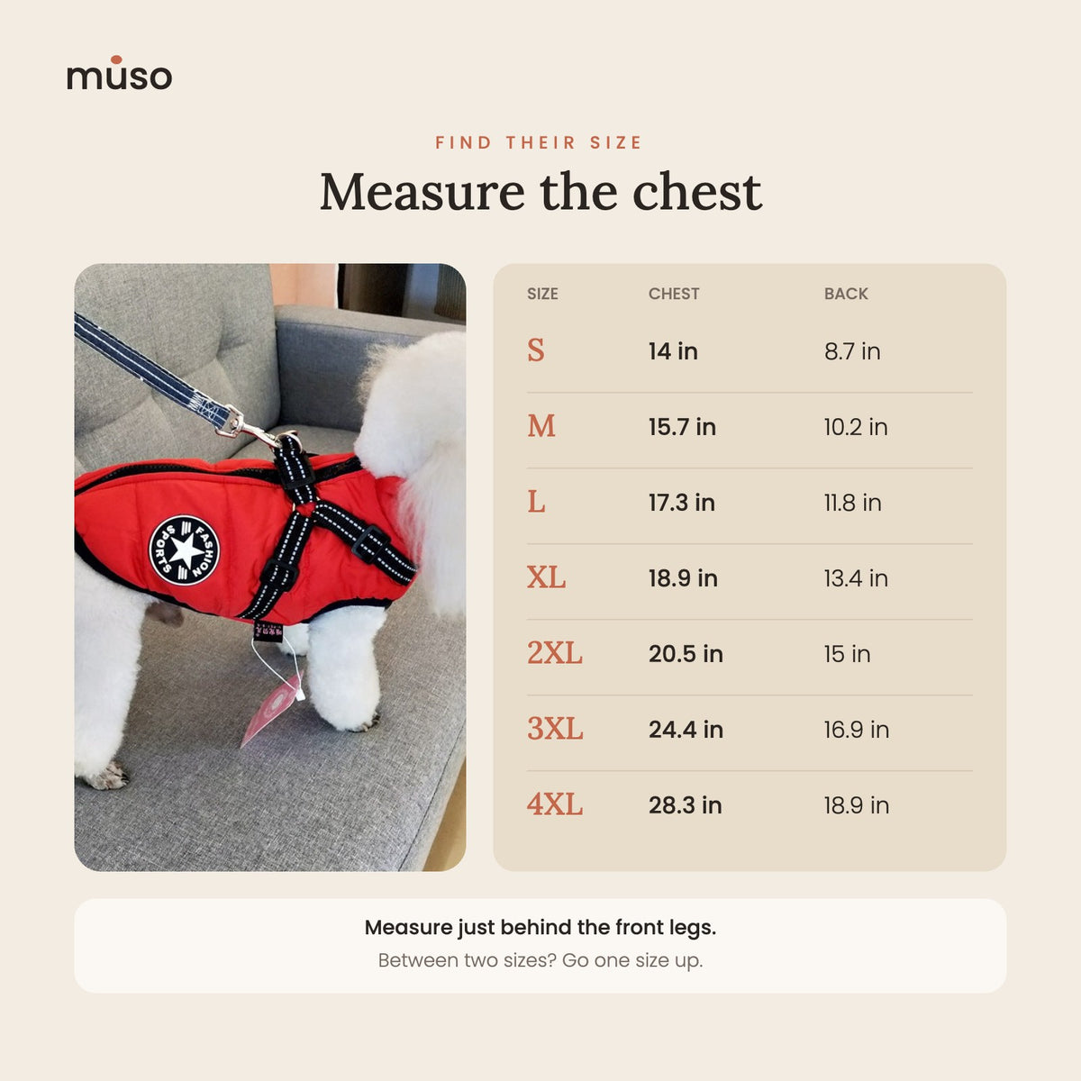 Size guide by chest and back length, S to 4XL